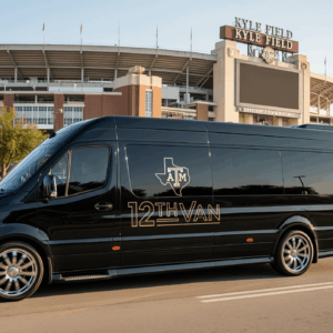 Aggie Game Day Shuttle van parked outside Kyle Field on game day